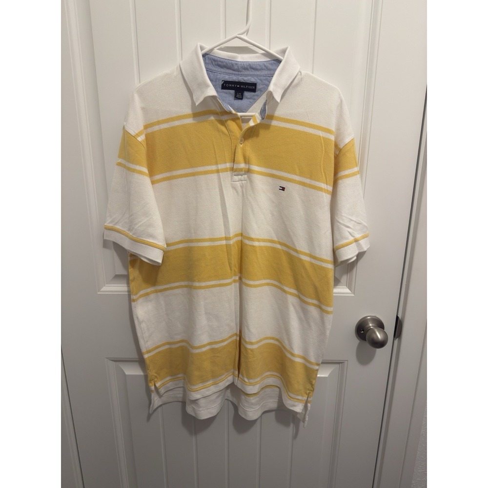Tommy Hilfiger Men's Polo White Yellow Thick Stripes Size Large
